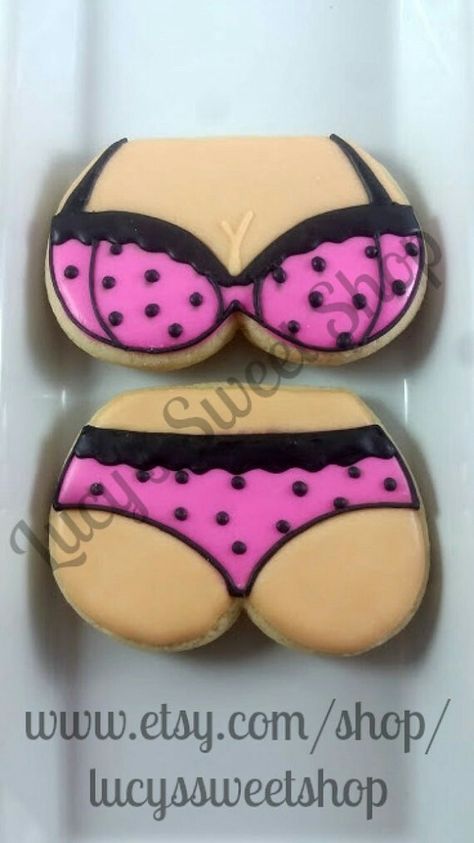 Lingerie, Underwear, Bra, Panty, Corset, Lip, and Men's Chest Cookie Set by Lucy's Sweet Shop. Pink and black with cheetah print. Www.facebook.com/lucyssweetshopneptunebeach Lingerie Cupcakes, Cookie Flooding, Lingerie Cookies, Holiday Cookies Decorated, Bachelorette Cookies, Bridal Cookies, Valentine Sugar Cookies, Sugar Cookie Decorating, Sugar Cookie Ideas