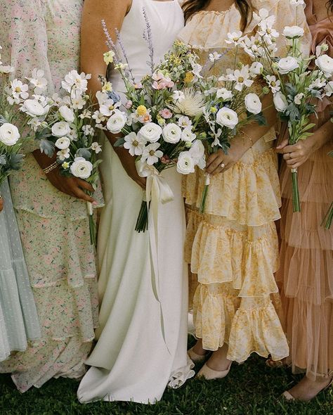 Ranch Wedding Bridesmaid Dresses, August Bridesmaid Dresses Color Schemes, Garden Party Bridesmaids Dresses, Mismatched Bridesmaid Dresses Summer, Multicolored Bridesmaids Dresses, Bridesmaids Mismatched, Colorful Bridesmaid Dresses, End Of Summer Wedding, Bridesmaid Color Scheme