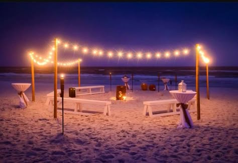 Bonfire reception on the beach Bonfire Reception, Beach Bonfire Wedding, Beach Bonfire Party Ideas, Beach Bonfire Ideas, Bonfire Decorations, Night Beach Weddings, Beach Bonfire Parties, Beach Engagement Party, Bonfire Birthday Party