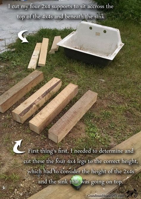 How to build a kitchen sink base DIY wood working tips and tutorials at Grandmas House DIY Utility Sink Stand, Diy Sink Base, Diy Kitchen Sink Base, Redecorate Kitchen, Outdoor Bathhouse, Diy Kitchen Sink Cabinet, Carport Conversion, Rustic Kitchen Sinks, Outdoor Garden Sink