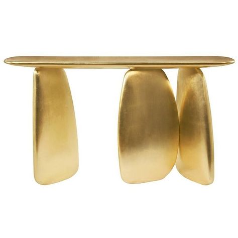 Gold Pebble Console with Gold Leaf ($12,470) ❤ liked on Polyvore featuring home, furniture, gold leaf furniture, gold console, gold leaf console, gold furniture and handpainted furniture Gold Leaf Furniture, Gold Console Table, White Furniture Living Room, Gold Furniture, Contemporary Modern Furniture, Modern Console Tables, Modern Console, Furniture Vanity, Plywood Furniture