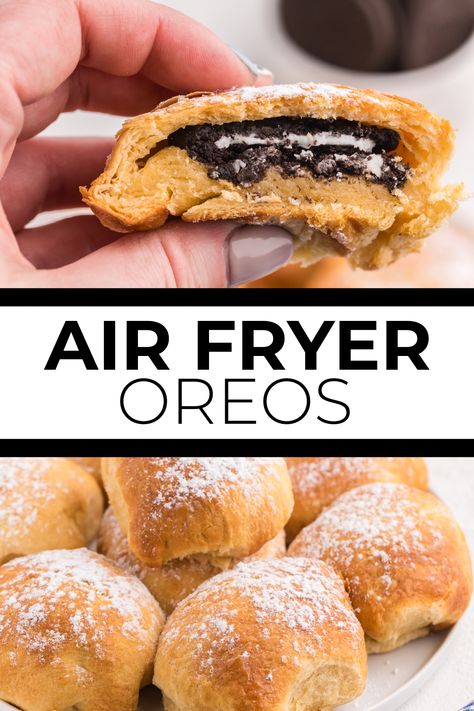 Two image collage of Air Fryer Oreos. First image shows a hand holding a cut open Air fryer Oreo. The second image shows them on a white plate. Air Fryer Oreos, Fried Oreos, Air Fried Food, Air Fryer Oven Recipes, Air Fry Recipes, Fair Food, Weight Watchers Desserts, Air Fryer Dinner Recipes, Air Fryer Healthy