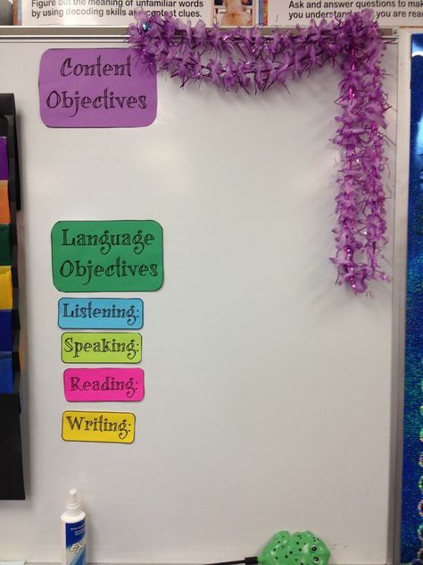 Content and Language Objectives must be posted in our classrooms Esl Classroom Decor, Objectives Display, Classroom Objectives, Language Objectives, Esl Classroom, Bilingual Classroom, Learning Targets, Middle School Reading, Education Information