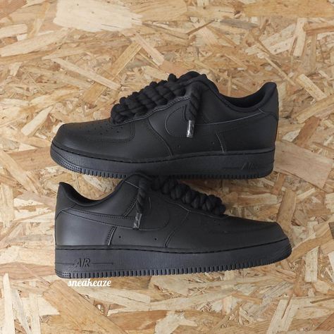 Air Force 1 black custom rope laces sneakers black Authentic & new item, sold in its original packaging Customs are made to order; it will not be possible to make a return/refund. Do not hesitate to contact me if you have any questions 😊 Each model is made by us in our workshop in Aubagne in the south of France. https://www.etsy.com/fr/shop/sneakeaze?ref=profile_header Air Force 1 Noir, Black Air Force 1, Air Force One Shoes, Nike Air Force 1 Custom, Air Max Plus Tn, Nike Air Force One, Pretty Shoes Sneakers, Air Force 1 Custom, Custom Air Force 1