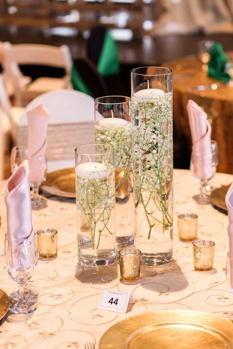 Small Floating Candle Centerpieces, Center Piece With Candle, Babysbreath Centerpieces Vases, Simple And Elegant Centerpieces, Babysbreath Centerpieces With Candles, Clear Orbeez Centerpieces Wedding, Candle Vase Centerpieces, Water Centerpiece Wedding, Candle And Mirror Centerpieces Wedding