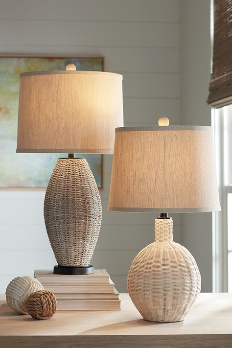 Seagrass Table Lamp, Modern Coastal Decor Table Lamps, Table Lamp Shades Ideas, Coastal Bedroom Lamps, Wicker Lamp Shade Rattan, Beach Lamps Coastal Style, Rattan Lampshade Bedroom, Coastal Table Lamp, Coastal Reading Nook