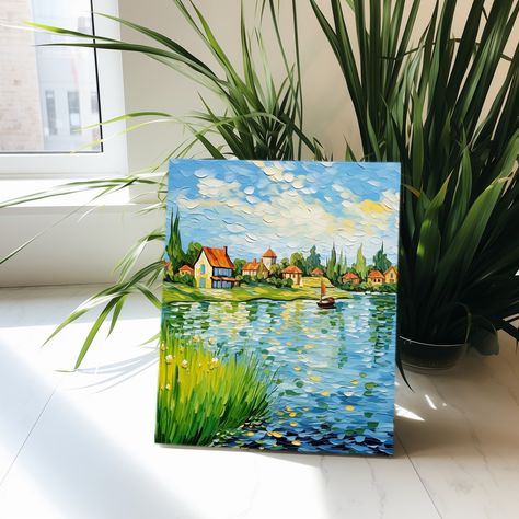 Vintage Landscape Oil Painting, Lake Oil Painting, Painting Scenery, Lake House Wall Art, Lake Village, House Wall Art, Illustration Series, Butterfly Art Painting, Painting Minimalist