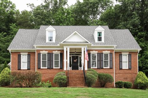 Red Brick House With Navy Shutters, Black Shutters On Brick House, Black Shutters Brick House, Brick House White Trim, Brick House With White Trim, Brick House With Black Shutters, Shutters Brick House, House Black Trim, House With White Trim