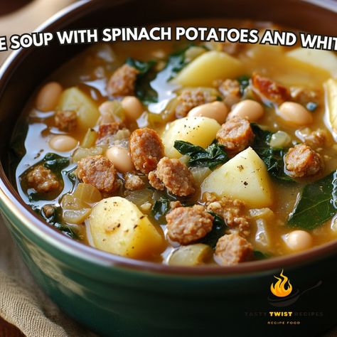 🍲 Dive into a hearty bowl of flavor with this Sausage Soup loaded with spinach, potatoes, and white beans! 🥄 Sausage Soup with Spinach Potatoes and White Beans Ingredients: - 1 lb sausage, sliced - 1 onion, diced - 3 garlic cloves, minced - 4 cups chicken broth - 2 cups diced potatoes - 1 can white beans, drained - 2 cups fresh spinach - Salt and pepper to taste - 1 tsp dried thyme Instructions: 1. In a large pot, cook sausage until browned. Add onions and garlic, sauté until fragrant. 2. ... Soup With Spinach, Cozy Fall Recipes, Twisted Recipes, Dried Thyme, Spinach Soup, Sausage Soup, Diced Potatoes, Fresh Spinach, Canned Beans