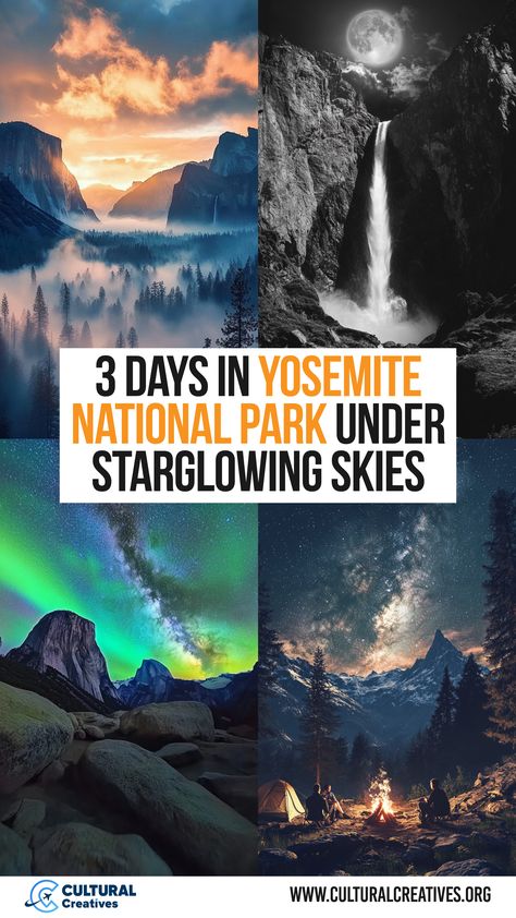 Stunning scenes of waterfalls, mountain valleys, and starlit skies showcasing 3 Days in Yosemite National Park Under Starglowing Skies. Yosemite In March, Camping In Yosemite National Park, Yosemite With Kids, Yosemite National Park Lodging, Las Vegas Road Trip, Vegas Road Trip, Vernal Falls, Yosemite Trip, National Park Itinerary