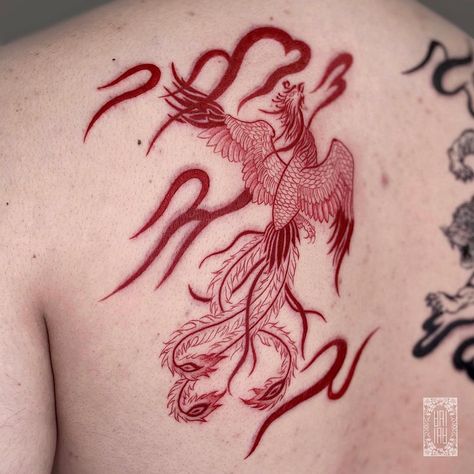 Korean Shoulder Tattoo, White Ink Phoenix Tattoo, Japanese Phoenix Drawing, Pheonix Tattoo Chinese, Phoenix Red Tattoo, Phoenix Tattoo Asian, Asian Fire Tattoo, Phoenix Az Tattoo, Red Ink Phoenix Tattoo