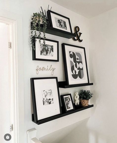 Hall Stairs And Landing Decor, Above Stairs Decor, Stairs And Landing Decor, Stairs Wall Decor, Stair Wall Decor, Landing Decor, Stairs And Hallway Ideas, Monochrome Living Room, Stairs Decor