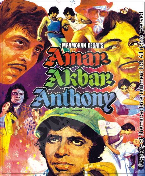 Amar Akbar Anthony is a 1977 Bollywood film about three brothers separated during their childhood who grew up in three homes, adopting three religions. It was the biggest blockbuster of 1977 and won several Filmfare awards.  log on to www.youtube.com/shemarooent to watch this movie Amar Akbar Anthony, Old Bollywood Movies, Indian Movie, Bollywood Posters, Vintage Bollywood, Amitabh Bachchan, Bollywood Movie, Indian Movies, Movie Posters Vintage