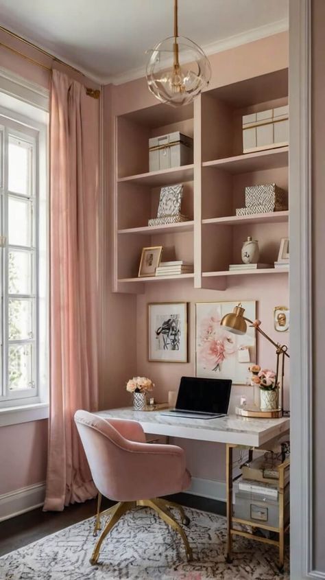 40 Feminine Small Home Office Ideas For Women Beauty Room And Office Ideas, Chic Cubicle Decor, Female Office Ideas, Pink Office Ideas, Feminine Home Office Classy, Small Home Office Ideas For Women, Women Office Decor, Feminine Home Office Ideas, Small Home Office Ideas