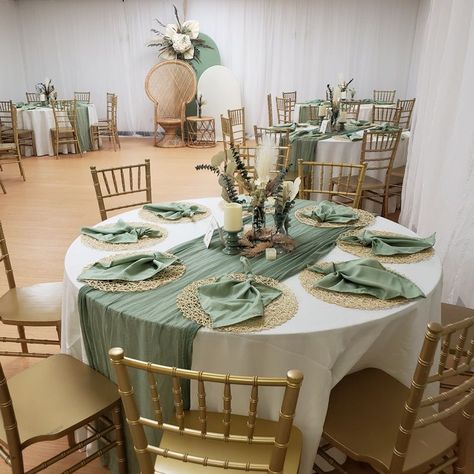 Charger Plates & Placemats for Table Decor | eFavormart.com Sage Green Bride And Groom Table, Sage Green And Champagne Quinceanera Theme, Sage Green White And Gold Centerpieces, Sage Green Round Table Setting, Tiana Theme Quinceanera, Sage Green Table Set Up, Sage Color Quinceanera, Gold And Green Wedding Table Setting, Quince Ideas Sage Green