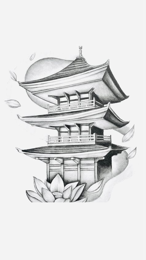 China House Tattoo, Japan House Tattoo, Chinese Tower Tattoo, Chinese Building Tattoo, Japanese Temple Tattoo Stencil, Chinese House Tattoo, Chinese Building Drawing, Japanese Building Drawing, Japanese Building Tattoo