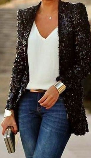 Fashion Outfits Over 50, Sequin Jacket Outfit, Sequin Blazer Outfit, Black Sequin Jacket, Rock Outfit, Blazer Outfit, Eve Outfit, Mode Casual, Moda Fashion