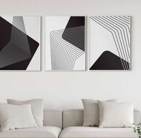 Abstract 3 Piece Wall Art Clinic Art, Monochrome Living, Monochrome Living Room, Art Hallway, Black And White Wall Decor, Black Line Art, Line Art Minimalist, Hallway Art, Abstract Shower Curtain