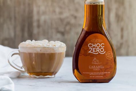 ChocZero caramel syrup next to glass mug Choczero Recipes, Caramel Macchiato With Sweet Cream Foam, Healthy Iced Caramel Macchiato, Keto Caramel Macchiato, Hot Carmel Machiatto Recipe, Mcdonald’s Caramel Macchiato Recipe, Easy Coffee Drinks, Caramel Macchiato Recipe, Starbucks Mocha