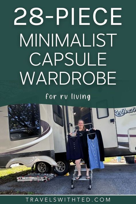 Living in an RV is amazing for so many reasons–freedom and adventure, just to name a few. However, this nomadic lifestyle also comes with its own set of challenges, especially when it comes to storage space.  As we plan to downsize from a large fifth wheel to a compact travel trailer, I’ve had to radically rethink and pare down my wardrobe.  The solution? A minimalist capsule wardrobe. This simple clothing collection not only fits my limited space but also covers all my needs. Vanlife Capsule Wardrobe, Capsule Wardrobe For Rv Living, Camping Wardrobe Capsule, Rv Capsule Wardrobe, Van Life Capsule Wardrobe, Plus Size Travel Wardrobe, Van Life Wardrobe, Road Trip Capsule Wardrobe, Vanlife Wardrobe