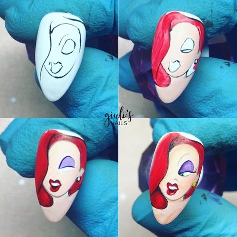 💋 Jessica Rabbit step-by-step 💃🏼#handpainted with #love using #acrylic colours 🎨✍🏼 Video tutorial soon available on YouTube 🔜🎥… Cartoon Nail Designs, Nail Art Courses, Disney Acrylic Nails, Mickey Nails, Long Nail Art, Animal Nail Art, Romantic Nails, Acrylic Colours, Nail Art Disney