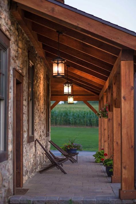 Settlement Post & Beam | Gallery Post And Beam Exterior, Post Beam House, Porch Beams, Eastern Hemlock, Timber Frame Porch, Rustic Front Porch, Timber Frame Cabin, Rustic Houses, Post And Beam Barn