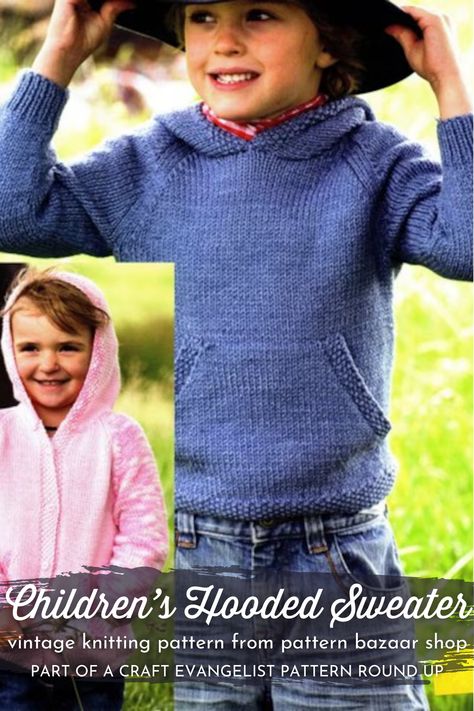 Make this classic knit hooded sweater for a child in your life with this lovely vintage knitting pattern! This pattern can be made as either a pullover or a buttoned cardigan, perfect for boys or girls. Find the link to this great pattern and more knit and crochet hoodie patterns in the pattern round up by Craft Evangelist. Knit Sweater For Boys Hoodie Pattern, Childs Knitted Hoodie Pattern Free, Baby Sweater Crochet Pattern Free, Hooded Sweater Pattern, Crochet Patterns Sweaters, Knitting Patterns Sweater, Pullover Sweater Knitting Pattern, Sweater Crochet Patterns, Knit Sweater Patterns