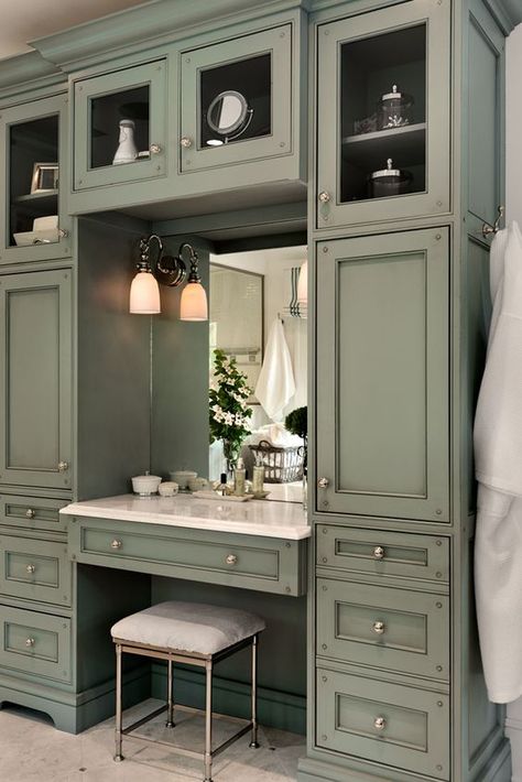 Bathroom Vanity Makeup Station Farmhouse, Master Make Up Vanity, Make Up Area In Bathroom Makeup Vanities, Make Up Vanity Bedroom, Wardrobe Vanity Built In, Master Bath Vanity With Makeup Area, Storage Master Bath, Built In Vanity In Bedroom, Bathroom Vanity With Makeup Area