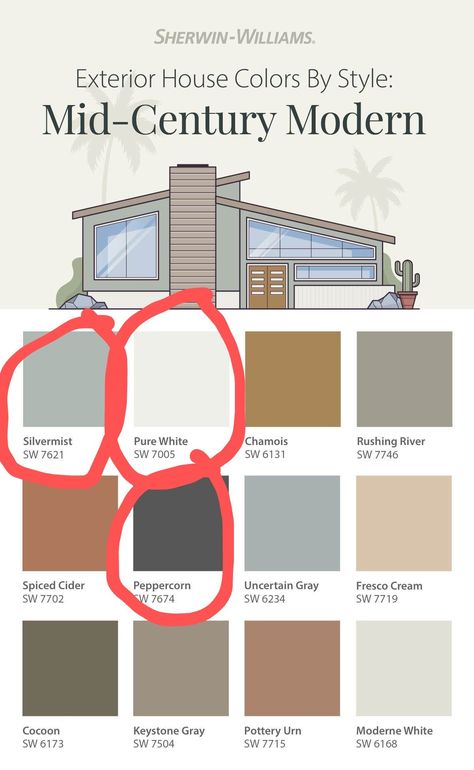 Mid Century Modern Home Exterior Paint Colors, Mid Century Modern Exterior Colors, Mid Century Modern Exterior Paint Colors, Mid Century Modern Exterior Paint, Mid Century House Exterior, Midcentury Modern House Exterior, Modern Cottage Exterior, Painting Vinyl Siding, Modern Exterior Paint Colors