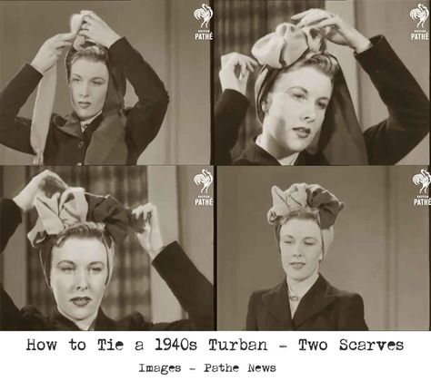 1940s-Fashion---How-to-make-a-Glamorous-Turban---Method-3 1940s Turban, Vintage Turban, Forties Fashion, Retro Updo, 1940s Hairstyles, Pin Up Hair, Turban Style, Vintage Makeup, Hair Wraps