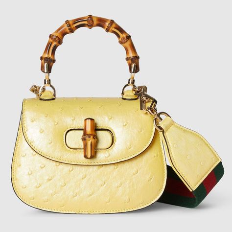 Shop the Gucci Bamboo 1947 mini ostrich top handle bag in yellow at GUCCI.COM. Enjoy Free Shipping and Complimentary Gift Wrapping. Gucci Bamboo 1947, Yellow Bags, Gucci Yellow, Mini Top Handle Bag, Group Gifts, Mini Top, Gucci Bamboo, Fashion Collage, Gift Exchange