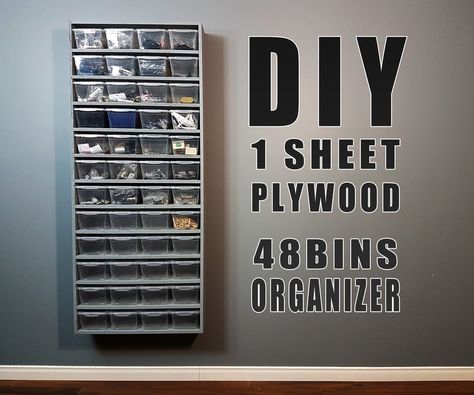 How to build a very simple wall organizer using one single sheet of plywood and 48 plastic bins. I am building my workshop and I needed to add storage for my small parts. Quick and easy to build, this will organize my workshop. Im using small plastic bins : 6"1/4 wide, 3"3/4 high, 7"1/2 depth. Woodwork Shop, Small Parts Storage, Small Parts Organizer, Workshop Projects, Plywood Projects, Jewerly Organizer, Storage Organizers, Add Storage, Small Woodworking Projects