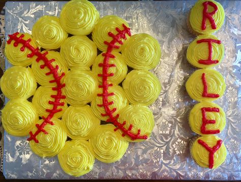 Softball Cupcake Cake Cupcakes To Sell, Softball Gender Reveal, 6 Month Party, Softball Birthday Cakes, Softball Cakes, Softball Cupcakes, Softball Party Ideas, Softball Cake, Softball Birthday Party