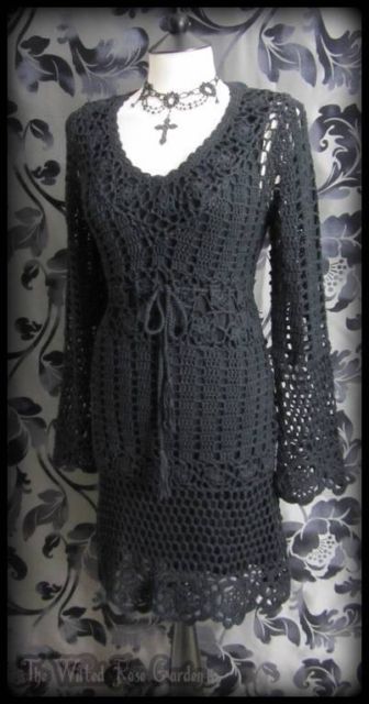 Romantic Goth Black Crochet Knit Bell Sleeve Dress 10 Hippie Witchy Gothic Boho | THE WILTED ROSE GARDEN on eBay // Worldwide Shipping Available Gothic Crochet Sewing Patterns, Goth Crochet Ideas, Goth Sweater Crochet, Gothic Crochet Dress, Goth Crochet Top Pattern, Goth Crochet Patterns, Goth Crochet Dress Pattern, Gothic Crochet Cardigan, Crochet Spring Dresses