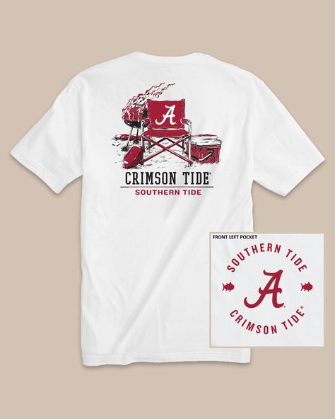 The back view of the Alabama Crimson Tide Gameday BBQ Tailgate T-Shirt by Southern Tide - Classic White Gameday Food, Father Son Outfits, Alabama Shirt, Alabama Shirts, Beach Towel Bag, Boys Swim Trunks, Roll Tide, Alabama Crimson, Alabama Crimson Tide