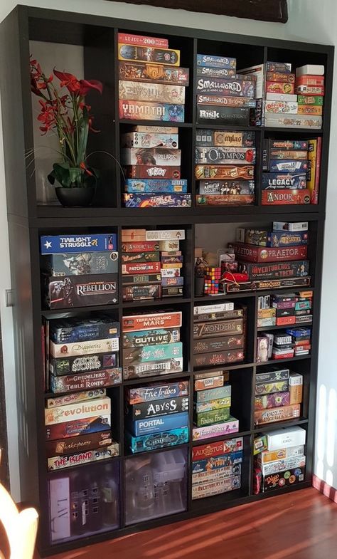 House Game Room Ideas, Game Room Library, Board Games Shelf, Board Game Library, Board Game Bookshelf, Cozy Board Game Room, Boardgame Room Idea, Board Game Closet, Board Game Cabinet