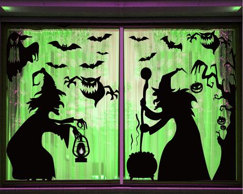 PRICES MAY VARY. Large size: You will receive 4 sheets Halloween witches window clings, which you could combine them into one giant window decor, or make them into 2 sheet posters. Each sheet size is 11.8 x 35.5 inches / 30 x 90 cm, combined one size is about 59 x 47.2 inches / 150 x 120 cm. Giant size is enough to catch people's eyes. Wicked witch design: These Halloween witches designed with a lot of witches, black cats, bat, cauldron silhouette Halloween elements. Large size and black color could see it very clearly out of the window in the night, create a spooky atmosphere in your Halloween holiday party, which look more realistic and festive. Premium material: Our large witches window stickers are made of high quality PVC material, no odd smell, durable and waterproof, good adhesion a Halloween Window Decorations Classroom, Witches Window, Halloween Window Painting Ideas, Cauldron Silhouette, Cubicle Halloween Decorations, Halloween Window Painting, Halloween Window Art, Witch Window, Halloween Window Decor