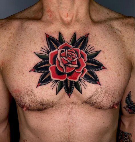 American Traditional Rose, Traditional Tattoo Reference, Tattoo S, Basic Tattoos, Traditional Rose, Cool Chest Tattoos, Floral Tattoo Sleeve, Old School Tattoo Designs, Incredible Tattoos