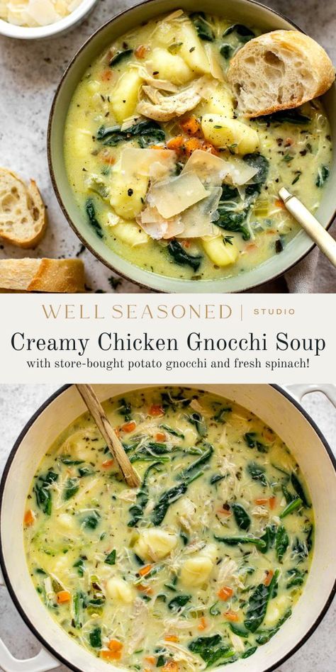 Chicken Gnocchi Soup is a hearty and comforting soup that is perfect for a cold day. Made with rotisserie chicken, potato gnocchi, and lots of fresh spinach and sautéed vegetables, this easy soup recipe is creamy, but not too rich, and has a light, fresh taste from fresh herbs and spices. The secret ingredient? A teeny tiny amount of curry powder. Just trust me. Serve with baguette and a salad for a cozy dinner at home. #wellseasonedstudio #soup #chickengnocchisoup #chickensoup #souprecipe Chicken Noodle Gnocchi Soup, Gnocchi Spinach Soup, Chicken And Gnocchi Soup Recipes, Mini Gnocchi Soup, Chicken Spinach Gnocchi Soup, Dairy Free Chicken Gnocchi Soup, Rotisserie Chicken Soups, Chicken Gnocchi Soup Stovetop, Crockpot Gnocchi Soup