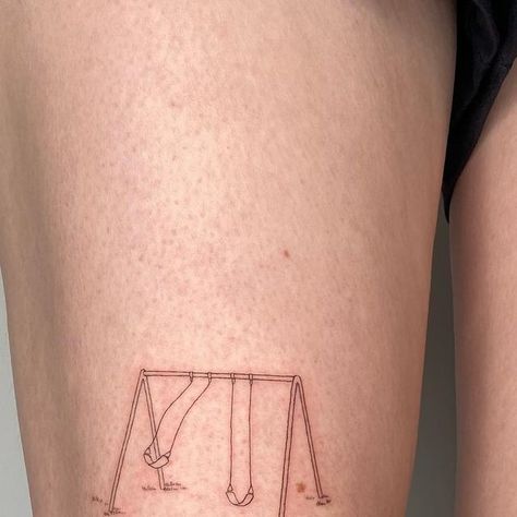 Raft Tattoo, Mood Swings Tattoo, Live A Little Tattoo, Nostalgia Tattoo Ideas, House Fine Line Tattoo, Swing Set Tattoo, Fine Line Building Tattoo, Back Fine Line Tattoo, Fine Line Concept Tattoo