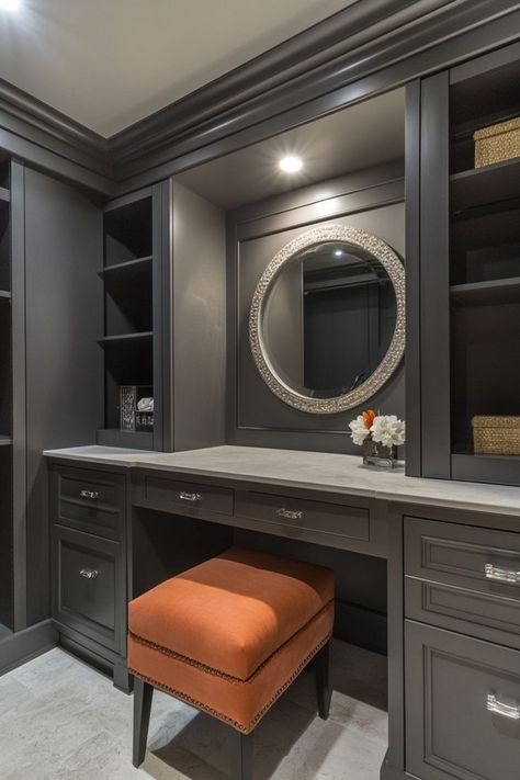 Add a touch of luxury to your closet with a built-in vanity area. Incorporate a chic mirror, ample lighting, and a sleek countertop for the perfect place to get ready. 💄✨👗 #LuxuryCloset #VanityArea #HomeDecor #GlamorousLiving Closet With Vanity Built In, Closet With Vanity, Luxurious Closet, Built In Vanity, Glamorous Living, Chic Mirror, Vanity Area, Closet Designs, Luxury Closet