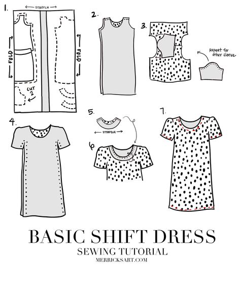 Easy Shift Dress Pattern (Sewing Tutorial) | Merrick's Art Simple Shift Dress Pattern, Shift Dress Pattern Free, Merricks Art, Sew Dress, Dress Sewing Tutorials, Shift Dress Pattern, Sewing Dress, Basic Sewing, Dress Patterns Free