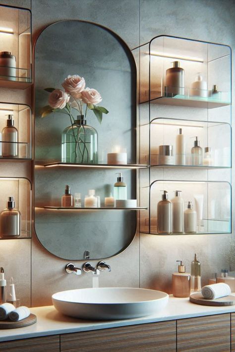 Create an illusion of space with these sleek floating glass shelves. Perfect for displaying your favorite toiletries in style! #ModernBathroom #StorageSolutions Illusion Of Space, Counter Clutter, Stylish Shower Curtain, Floating Glass Shelves, Creative Bathroom, Glass Dispenser, Bamboo Towels, Clear Container, Stylish Storage Solutions