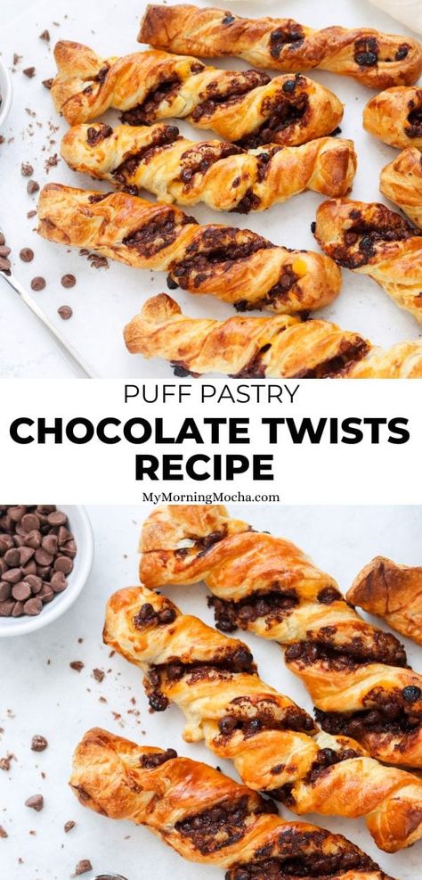 Here's how to make chocolate torsades with this easy chocolate twist recipe. It's made with puff pastry and tastes so good. Puff Pastry Chocolate Chips, Chocolate Puff Pastry Twists, Puff Pastry And Chocolate Recipes, Chocolate Chip Puff Pastry, Chocolate Breakfast Pastry, Puff Pastry Chocolate Twist, Puff Pastry Recipes Chocolate, Chocolate Chip Pastry, Chocolate Twist Bread