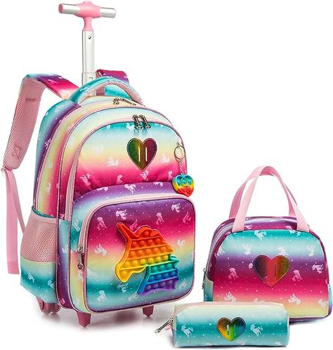 Kids Rolling Backpack, Roller Backpacks, Girls Luggage, School Lunch Bag, Unicorn Backpack, Handbags For School, Rolling Backpack, Backpack With Wheels, Girl Backpacks School