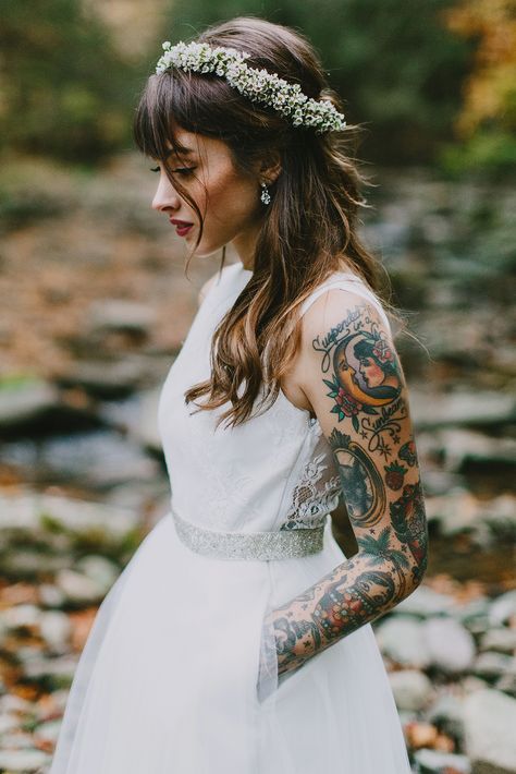 This Woodsy Wedding Is Low-Key Elegance Mastered #refinery29 Photo by Phil Chester  http://www.refinery29.com/christine-mcmillen-woods-wedding#slide4 Tattoo Bar, Girl Arm Tattoos, Brides With Tattoos, Woodsy Wedding, Luxury Vehicles, Wedding Dress With Pockets, Tattoo Videos, Tattoo Stencil, Arm Tattoos