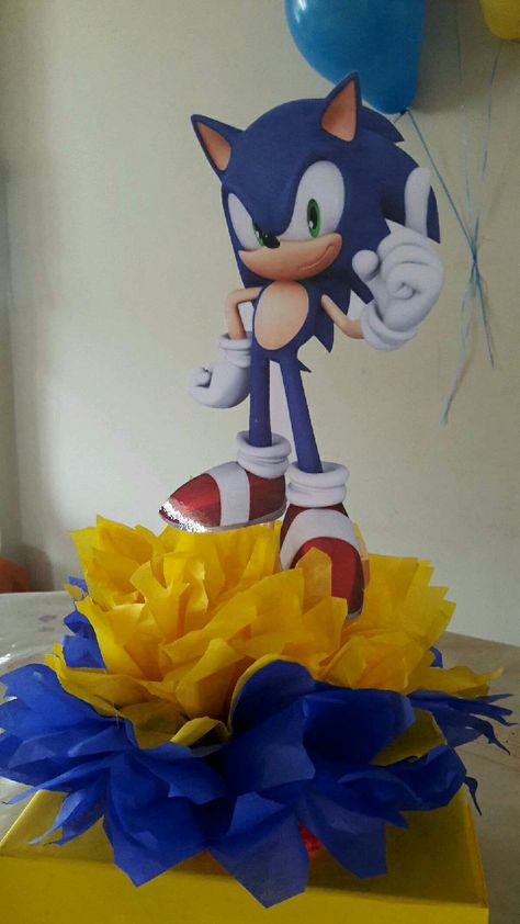 Sonic Table Centerpiece, Sonic Centerpieces Birthday Parties, Sonic Centerpieces, Sonic Birthday Cake, Jurassic Park Birthday Party, Jurassic Park Birthday, Sonic Birthday Parties, Mickey Mouse 1st Birthday, Hedgehog Birthday