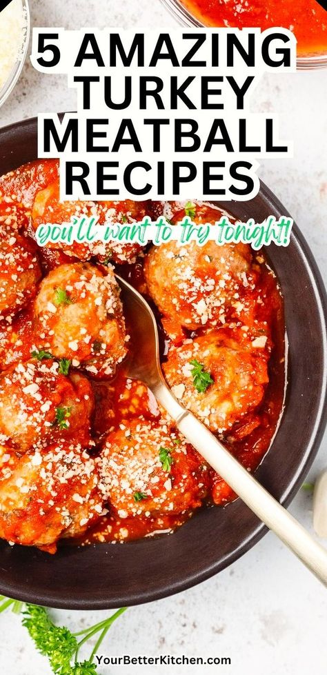 These flavorful turkey meatballs are your new go-to for any meal! Whether baked for a healthier option or paired with mashed potatoes and gravy, you'll love these recipes. Try teriyaki, Korean, Swedish, garlic parmesan, and Buffalo varieties for an easy dinner or appetizer packed with protein. Turkey Meatball Recipes, Turkey Swedish Meatballs, Ground Turkey Dishes, Best Turkey Meatballs, Bbq Turkey Meatballs, Teriyaki Turkey Meatballs, Turkey Meatballs Healthy, Healthy Turkey Recipes, Ground Turkey Recipes Healthy