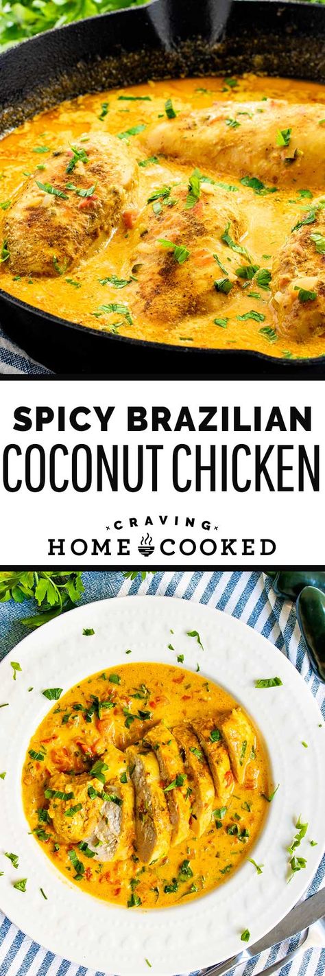 This Spicy Brazilian Coconut Chicken is super fragrant, flavorful, and packed full of perfectly tender chicken. Don't even get me started on the sauce, full of ginger and fresh garlic with a swift kick of heat. Need I say more? #spicy #brazilian #coconut #chicken Dinner Recipes Spicy, Brazilian Coconut Chicken, Recipes Spicy, Coconut Chicken, Brazilian Food, Tender Chicken, Chicken Dishes Recipes, The Sauce, Poultry Recipes