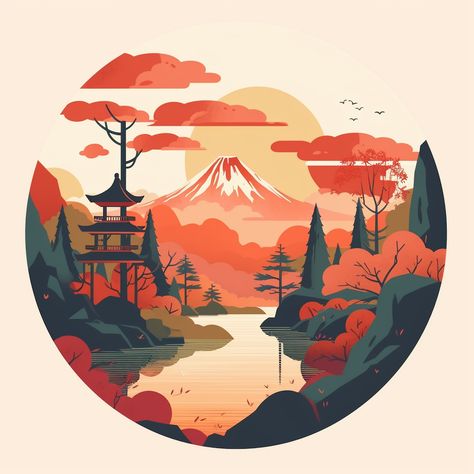 Paysage japonais automnal au coucher du soleil Bike Mural, Design Japonais, Japanese Art Prints, Art Basics, Gouache Art, Japon Illustration, Graphic Design Lessons, Art Japonais, Japanese Painting